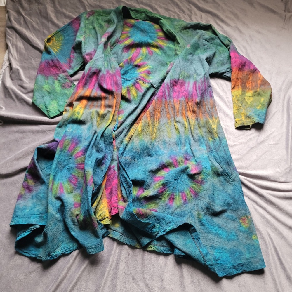 Womens XL Tie Dye Mandala Cardigan Multicolor Cotton Boho Festival Duster OSFA